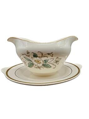Vtg Knowles Gravy Boat Carolin Magnolia Attached Serving Plate Gold Trim